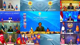 <p>　２６日、オンラインで開催されたＡＳＥＡＮ首脳会議。中央は、発言する議長国ブルネイのボルキア国王（ブルネイＡＳＥＡＮサミット提供・ＡＰ＝共同）</p>