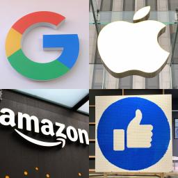 <p>　米ＩＴ４社のロゴやアイコン。左上から時計回りにグーグル、アップル、社名を「メタ」に変更したフェイスブック、アマゾン・コム（共同）</p>