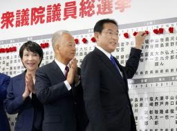 <p>　当確者の名前にバラを付ける自民党総裁の岸田首相。単独で過半数の議席を確保した＝３１日午後９時５６分、東京・永田町の党本部</p>
