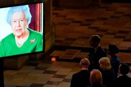 <p>　ＣＯＰ２６のレセプションで上映されたエリザベス女王のビデオメッセージ＝１日、英北部グラスゴー（ＡＰ＝共同）</p>