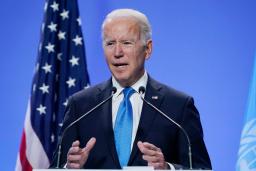 <p>　２日、英グラスゴーで記者会見するバイデン米大統領（ＡＰ＝共同）</p>
