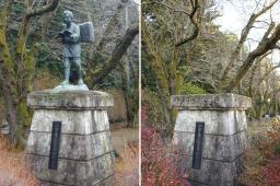 <p>　栃木県真岡市の市歴史資料保存館に設置されていた二宮金次郎の銅像（左）が盗まれ、台座だけとなっていた＝５日午前（左は市教委提供）</p>