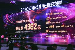 <p>　２０２０年１１月、アリババの「独身の日」セール累計の取引額が４９８２億元に達したことを告げるスクリーン＝中国・杭州市（共同）</p>
