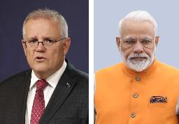 <p>　オーストラリアのモリソン首相（左、ＡＰ＝共同）、インドのモディ首相</p>