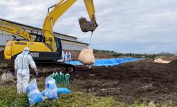 <p>　鹿児島県出水市で埋却作業する県職員＝１３日午前（同県提供）</p>