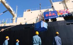 <p>　下関港で捕鯨母船「日新丸」から荷揚げされる、イワシクジラの生肉が入ったコンテナ＝１４日午前、山口県下関市</p>