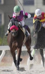 <p>　名古屋競馬場の第２レースでリアルスピードに騎乗し１着となり、国内の女性騎手で初の通算千勝を達成した宮下瞳（左）＝１８日</p>