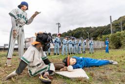 <p>　田んぼの本塁上でクロスプレーを演じる走者と捕手のかかし＝２２日、福岡県飯塚市</p>
