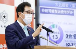 <p>　札幌市役所で記者会見する秋元克広市長＝２９日午後</p>