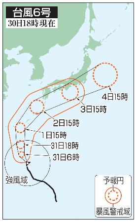 <p>　台風６号の５日先予想進路（３０日１８時現在）</p>