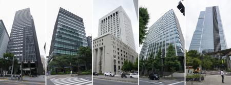 <p>　独禁法違反の疑いで公正取引委員会が立ち入り検査を行った、派遣大手５社が入るビル。左からパーソルテンプスタッフ、スタッフサービス、リクルートスタッフィング、アデコ、マンパワーグループ＝２日午後、東京都内</p>