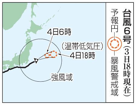 <p>　台風６号の予想進路（３日１８時現在）</p>