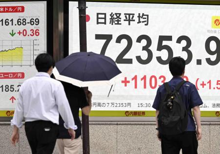 <p>　街角に大きく表示される株価＝東京都中央区</p>