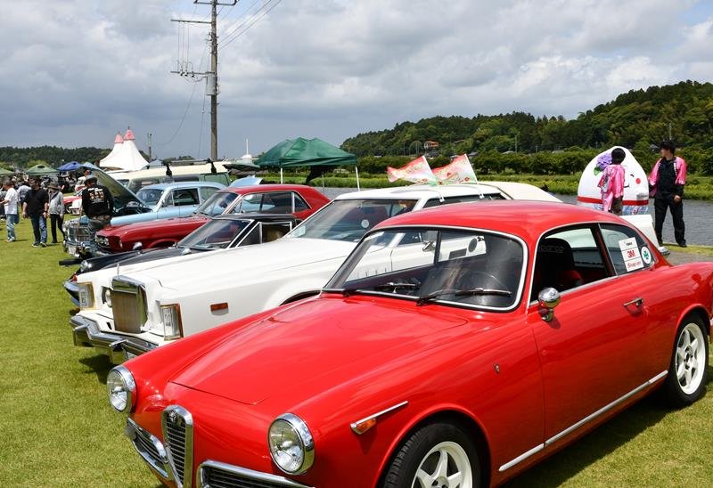 田園風景が広がるあじさい公園に約70台の名車が展示された=多古町