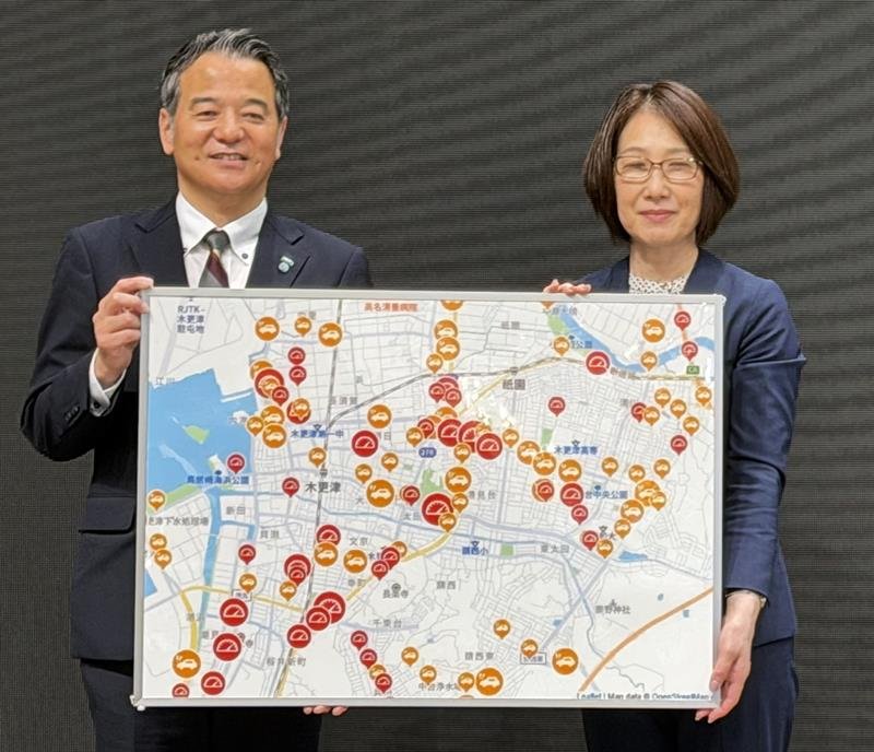 「セーフタウンドライブ木更津」の参加者の走行データを基に危険箇所を見える化したマップ＝木更津市