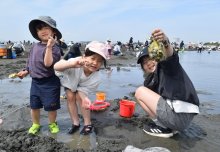 アサリ手に「採れたよ！」　船橋・三番瀬　潮干狩り客でにぎわう
