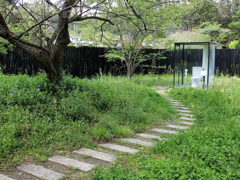 作品「Ｔｏｉｌｅｔ　ｉｎ　Ｎａｔｕｒｅ」。広い敷地内にガラスで覆われたトイレがぽつんとある様子は不思議な味わい


