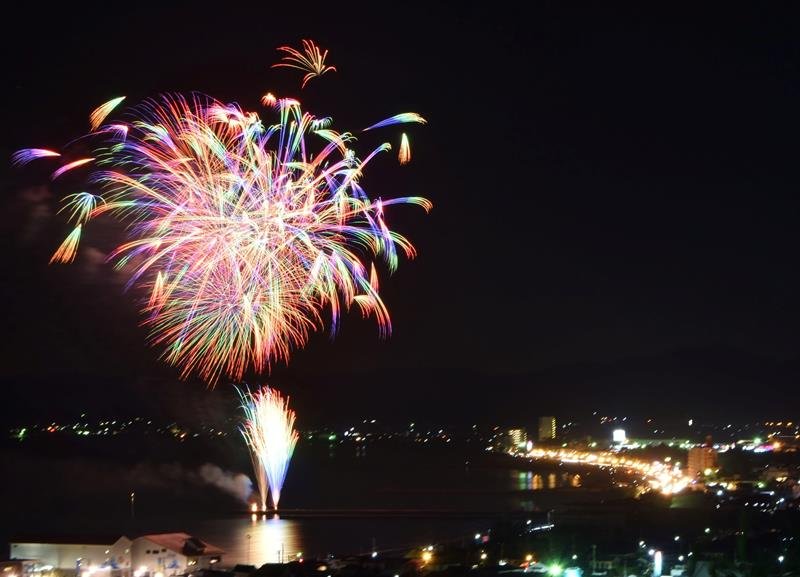 疫病退散や経済再生を願い打ち上げられた花火＝３日夜、館山市
