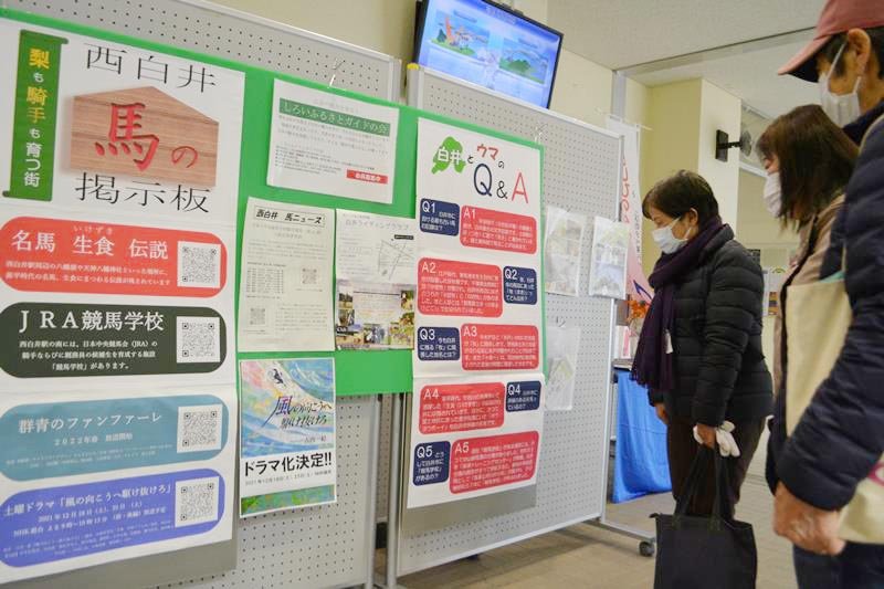 「白井と馬」のつながりを紹介する掲示＝白井市の西白井複合センター
