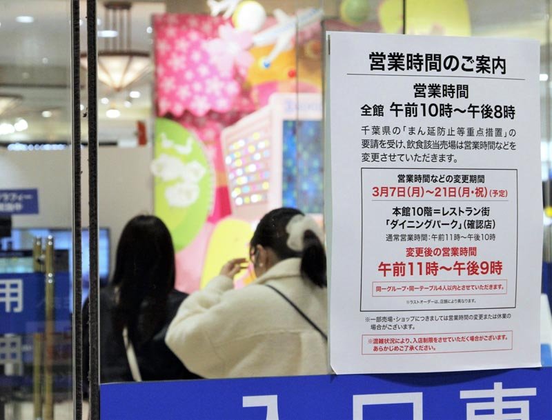 飲食店街の営業時間短縮の告知が張られたそごう千葉店の入り口＝１８日、千葉市中央区