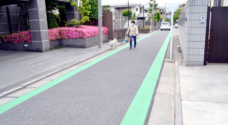 安全対策として路肩をカラー化した千葉市立登戸小の通学路＝千葉市中央区