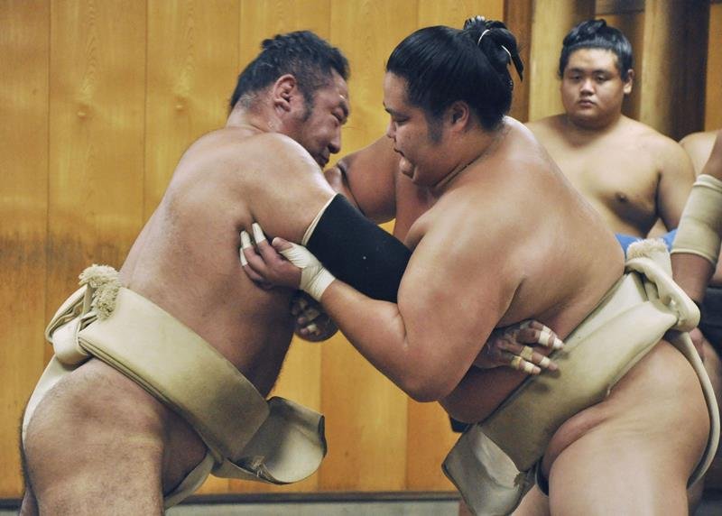 秋場所に向け、汗を流す琴ノ若（右）と琴恵光＝松戸市の佐渡ケ嶽部屋（共同）
