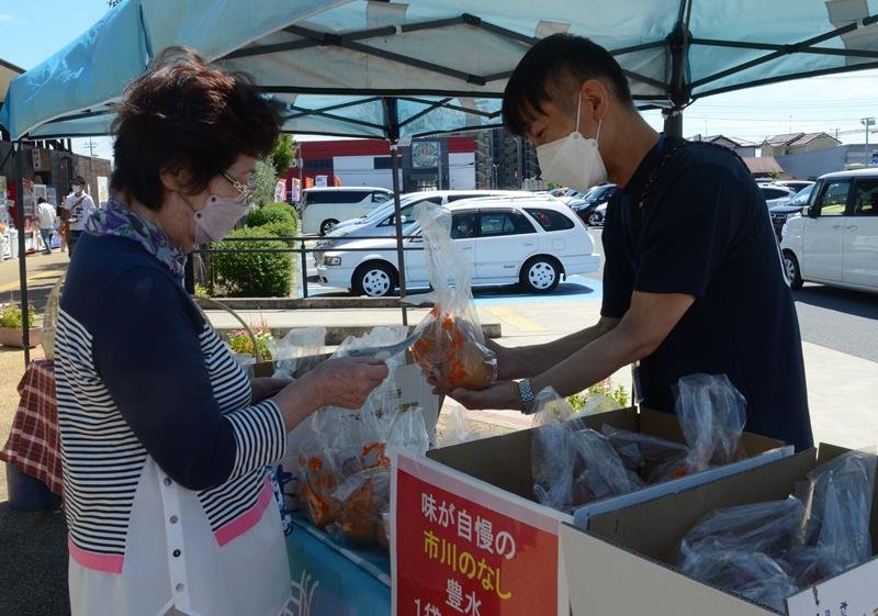 ひょう害を受けた梨を販売する山崎さん（右）＝東金市
