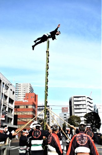 船橋市役所前で披露された新春恒例のはしご乗り＝６日
