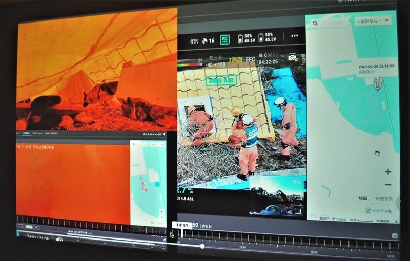 災害救助犬（左上）の活動やドローンのズーム映像（中央）も「隊員カメラ」のシステムで位置情報とともに共有
