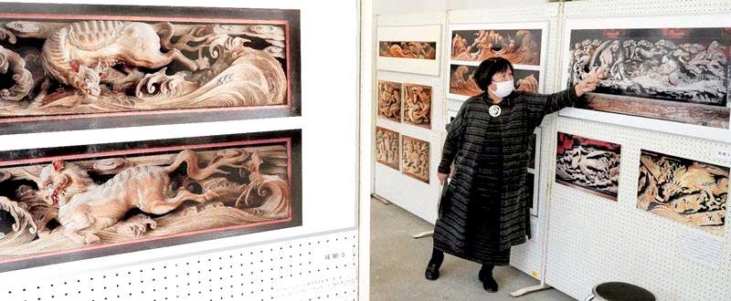写真パネルで初代伊八の作品を解説する當間さん＝いすみ市
