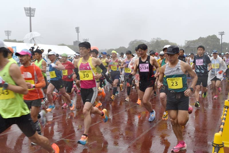 佐倉マラソンで雨の中をスタートするランナー＝佐倉市岩名の小出義雄記念陸上競技場