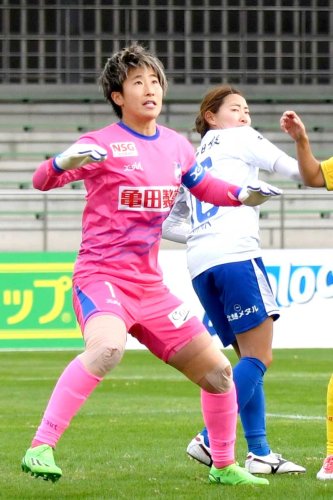 千葉戦でゴールを守る新潟のＧＫ平尾知佳。Ｗ杯メンバーに選ばれた＝昨年１２月３日、ゼットエーオリプリ