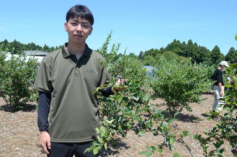 大きなブルーベリーの実をアピールする、模擬会社の「社長」を務める川嶋さん＝東金市
