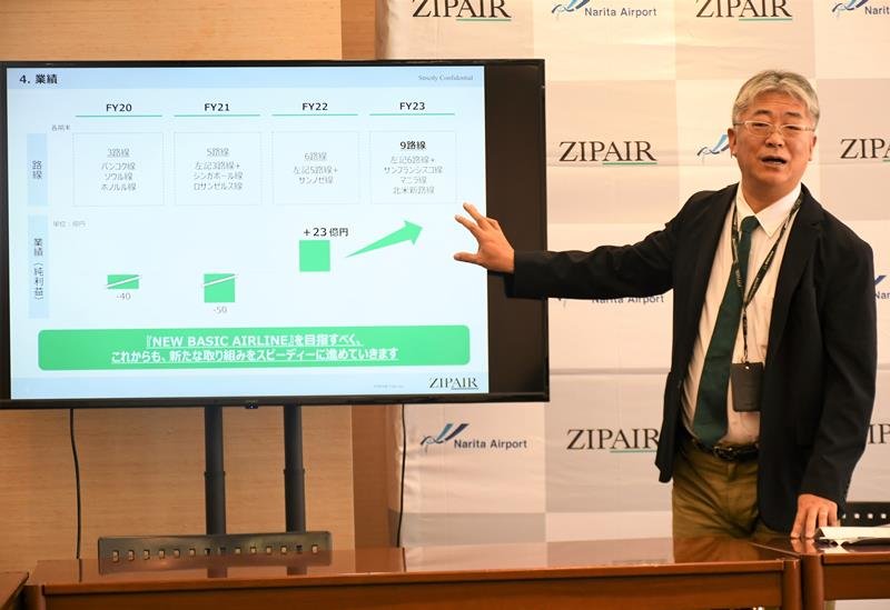 会見で新たにカナダに就航すると発表するジップエアの西田社長＝８日、成田市の成田空港
