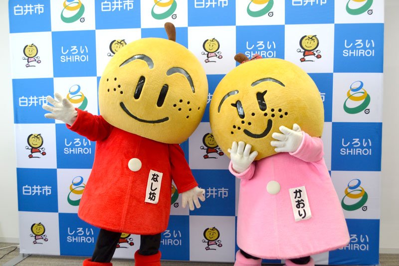 梨の広報活動などに貢献してきたなし坊（左）とかおりの着ぐるみ＝白井市役所
