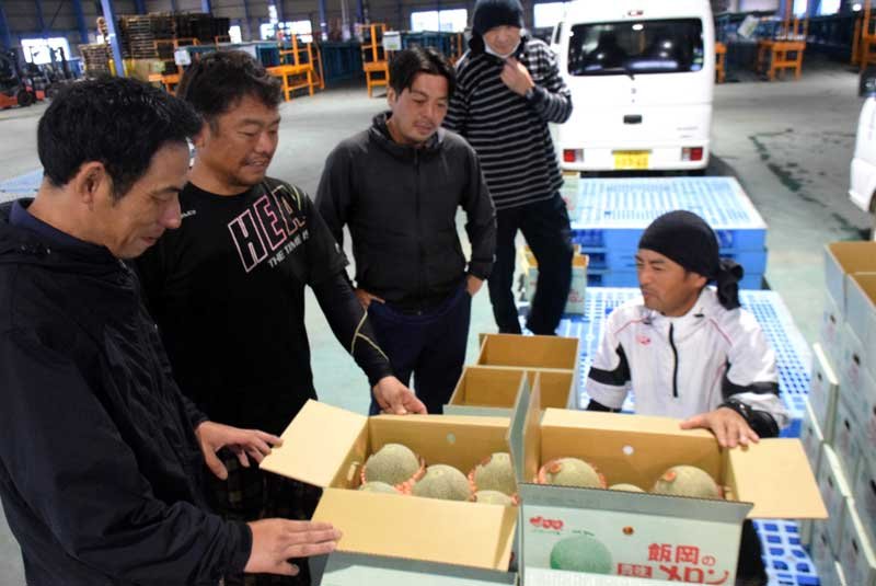 初出荷を迎えたメロンを囲む生産者＝３１日、旭市