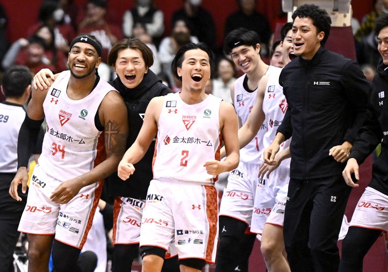 越谷―千葉Ｊ　試合終了間際にスミス（左）の得点で競り勝ち、喜びを爆発させる千葉Ｊの選手たち＝越谷市立総合体育館
