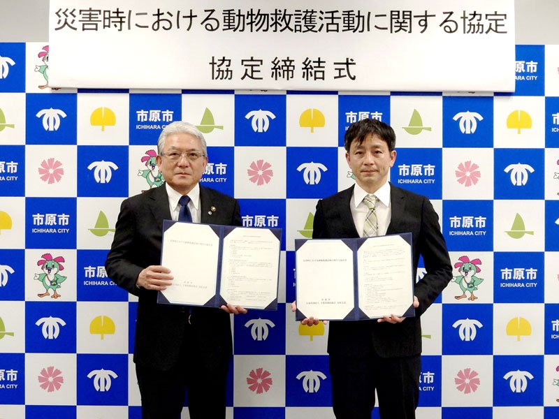 災害時の動物救護活動で協定を結んだ小出市長（左）と永冨支部会長＝市原市役所