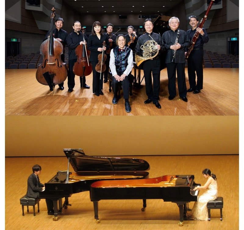 宮川彬良＆アンサンブル・ベガ（上）とホールのピアノ（下）
