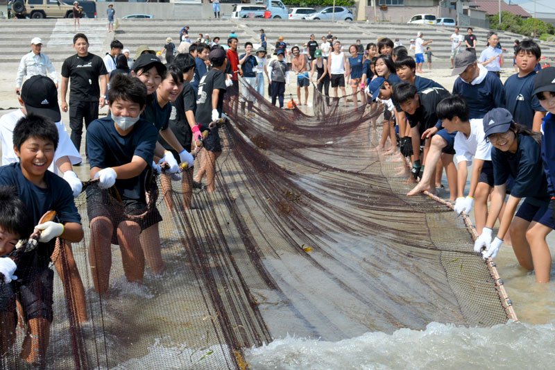 地引き網漁を体験する勝浦中１年生ら＝１日、勝浦市

