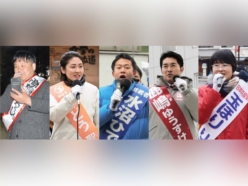 （右から届け出順に）駅頭で演説する共産党の玉堀氏＝船橋市、駅頭で演説する自民党の鹿嶋氏＝船橋市、駅頭で演説する中道改革連合の水沼氏＝船橋市、駅頭で演説する参政党の工藤氏＝市川市、駅頭で演説する減税ゆうこく連合の高橋氏＝船橋市（いずれも７日）