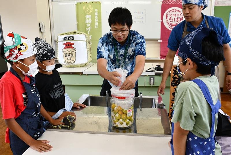 梅干し仕込みに挑戦する米沢小の子どもたち＝１２日、神崎町立米沢小学校
