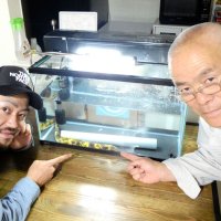 バナナウナギを釣った市原さん（右）と預かって事務所で飼育している森さん＝茂原市