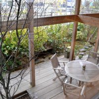 約１００種類の植物からなるこだわりの庭。テラス席もある＝千葉市若葉区のカフェ円居