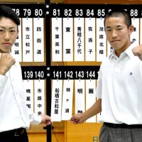 開幕カードに決まり、互いに健闘を誓い合う船橋古和釜の吉沢主将（左）と袖ケ浦の東條主将