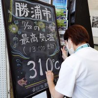 １１０年以上気温３５度超えなし　「涼しい勝浦」黒板でアピール　その日の最高温度を手書き、市役所ロビー
