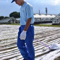 浸水した畑の浄化のため消石灰をまく生徒＝１５日午後、県立茂原樟陽高校