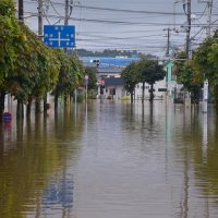 ９月８日の大雨で広範囲が浸水した市街地＝同日午後５時１０分ごろ、茂原市八千代
