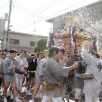 沿道からの水を浴びながら元気にみこしを揺らす担ぎ手ら＝４日、匝瑳市