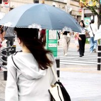 強い日差しの中、日傘を差して歩く人たち＝１４日午後、千葉市中央区